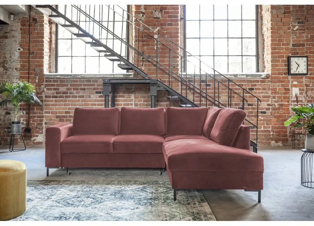 Розов кадифен разтегателен ъглов диван (десен ъгъл) Lofty Lilly – Miuform