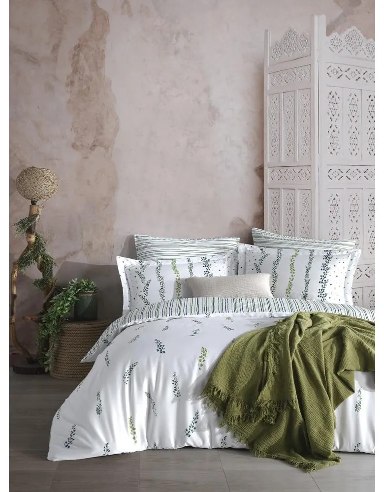 Бяло/зелено единично спално бельо от памучен сатен 140x200 cm Marseille Floral – Mila Home Luxury