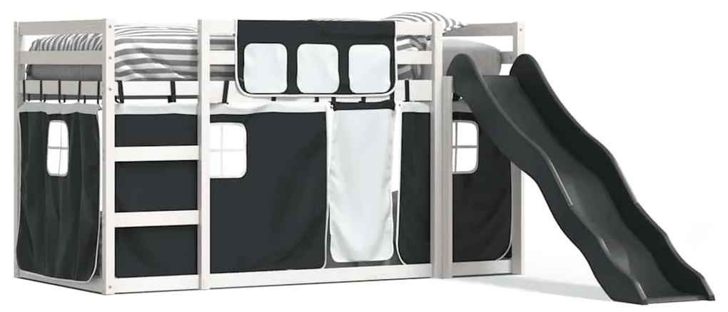 3284119 vidaXL Двуетажно легло с пързалка и завеси, бяло и черно, 80x200 см