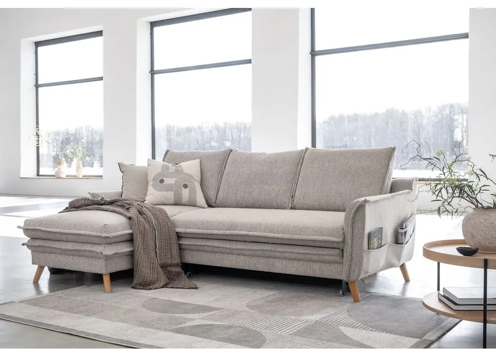 Сиво-бежов разтегателен/с място за съхранение ъглов диван (ляв ъгъл) Charming Charlie – Miuform