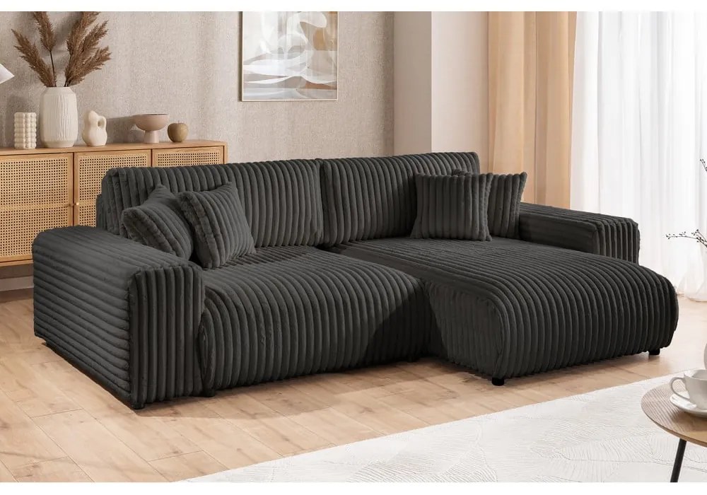 Тъмносив разтегателен ъглов диван от рипсено кадифе с място за съхранение (десен ъгъл) Sarina – Ropez