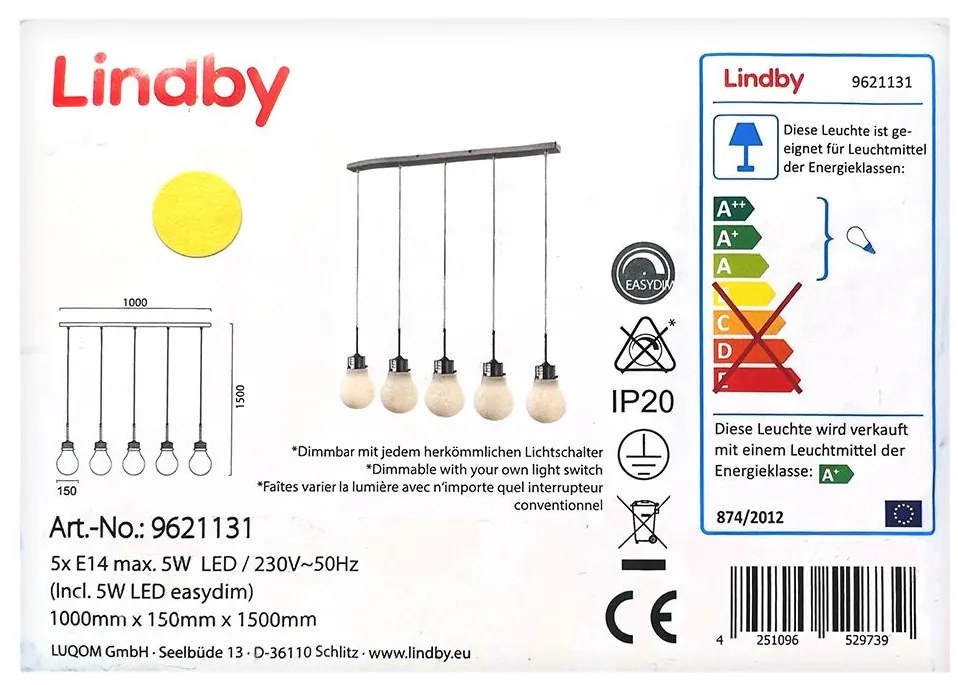 Lindby - LED Димируем пендел BADO 5xLED/5W/230V