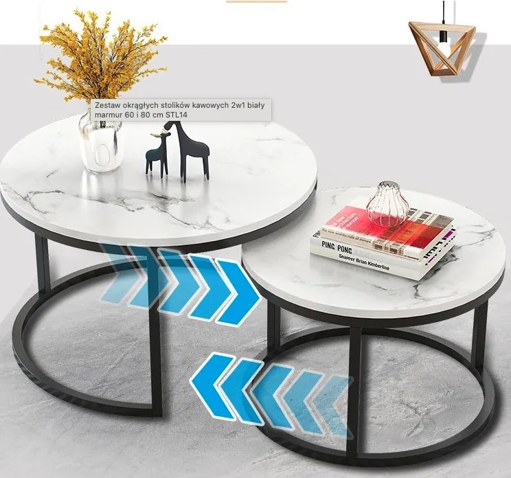 Комплект от 2 кръгли масички за кафе - бял мрамор