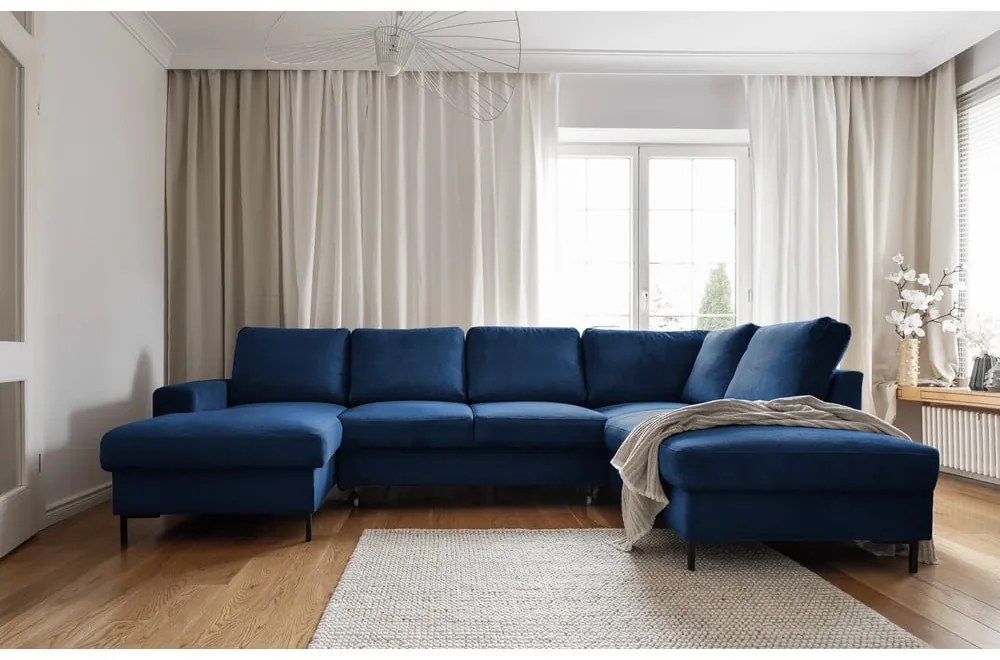 Тъмносин разтегателен ъглов диван от рипсено кадифе (десен ъгъл) Lofty Lilly – Miuform