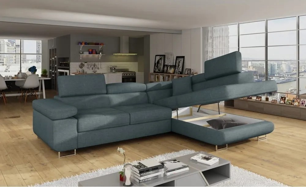 Син разтегателен ъглов диван с място за съхранение (десен ъгъл L форма) Anton – ELTAP