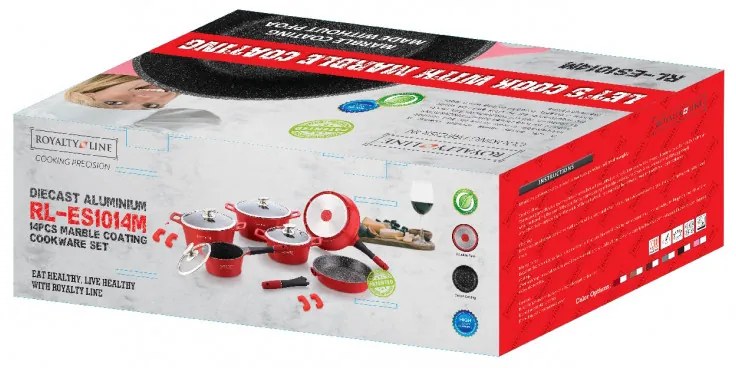 Комплект тенджери и тигани Royalty Line RL-ES1014M Silver, Лят алуминий, 14 части, Мраморно покритие, Сребрист