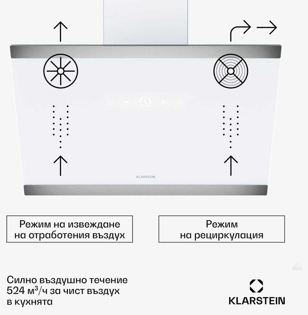 Klarstein Аспиратор FlashLine, A++, 524 m³/h, 3 нива, докосване, безшумен, LED, извличане / рециркулация, 100 W
