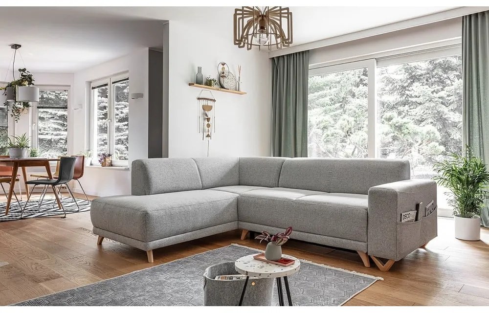 Светлосив разтегателен/с място за съхранение ъглов диван (ляв ъгъл/L форма) Classy Sophie – Miuform