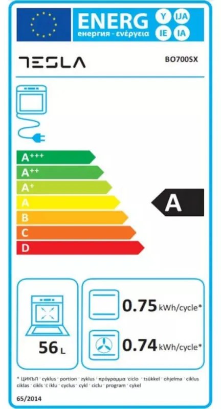 Фурна за вграждане Tesla BO700SX, 2300 W, 56 л, 5 програми, Клас А, Таймер, Инокс