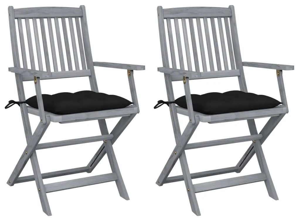 3064504 vidaXL Сгъваеми градински столове, 2 бр, с възглавници, акация масив