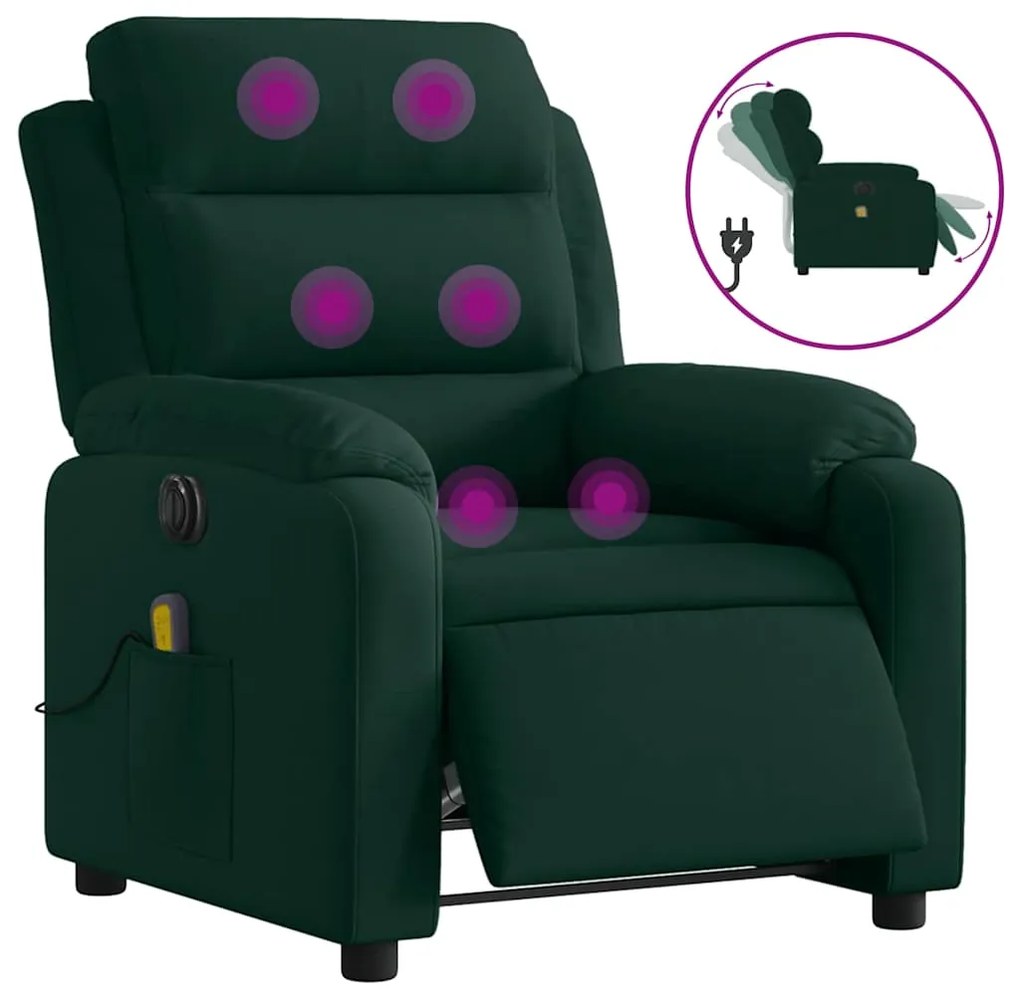 3205083 vidaXL Електрически масажен реклайнер стол, тъмнозелен, кадифе