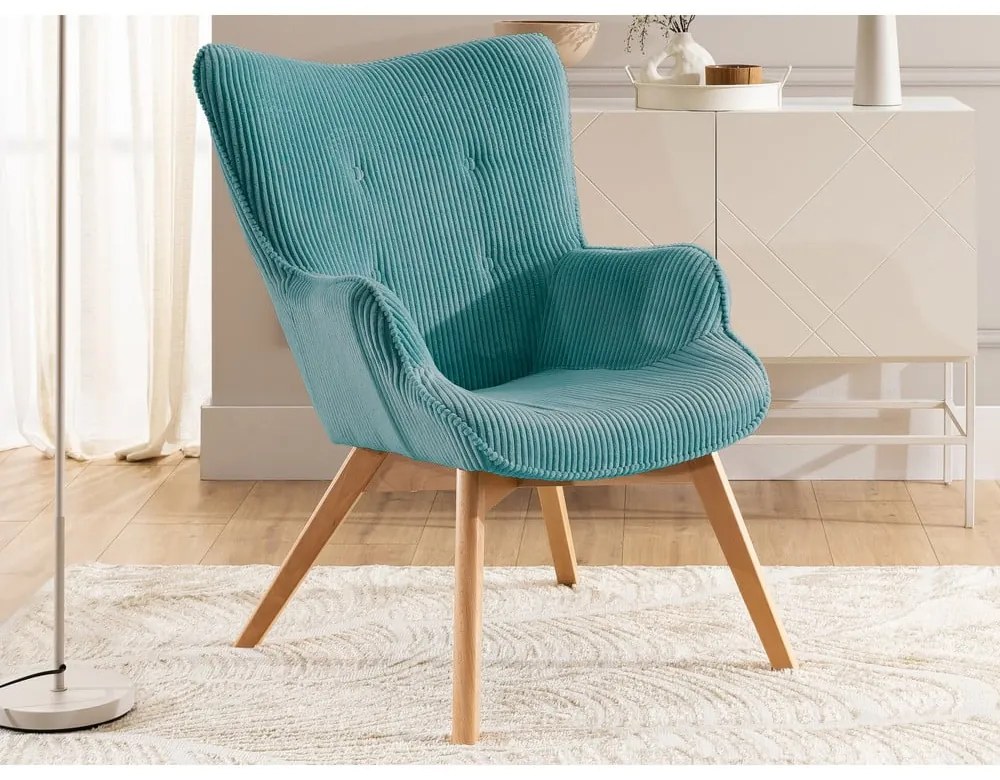 Тюркоазен фотьойл с табуретка от рипсено кадифе Niko – Ropez