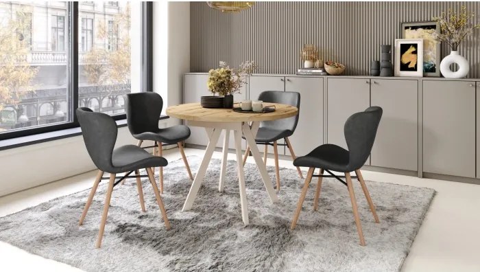 АЛМО Дъб Артисан/бежови крака - КРЪГЛА РАЗТЕГАТЕЛНА МАСА С Y-ОБРАЗНИ КРАКА В ЛОФТ/ИНДУСТРИАЛЕН СТИЛ ЗА ХОЛ ИЛИ ТРАПЕЗАРИЯ