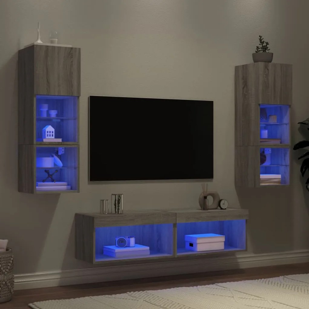 3216620 vidaXL ТВ стенни модули с LED, 6 части, сив сонома, инженерно дърво