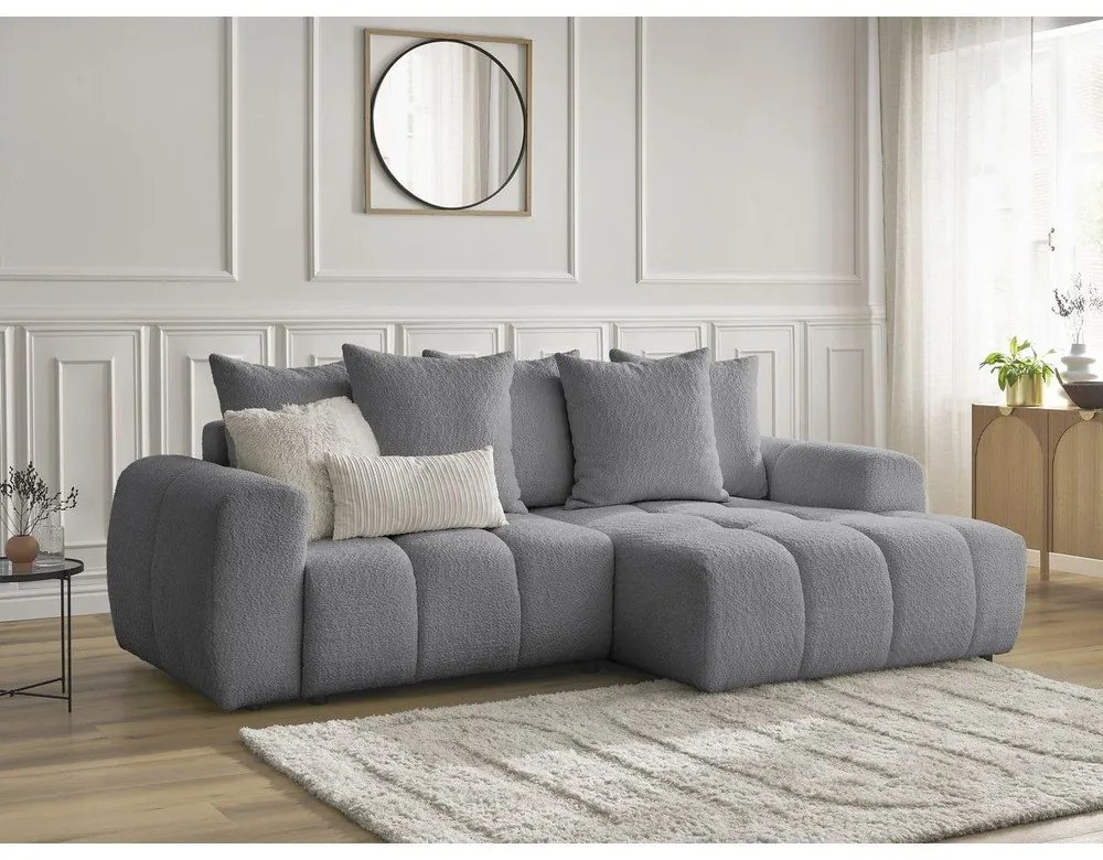 Сив разтегателен ъглов диван с място за съхранение от букле (десен ъгъл) Roxelane – Bobochic Paris