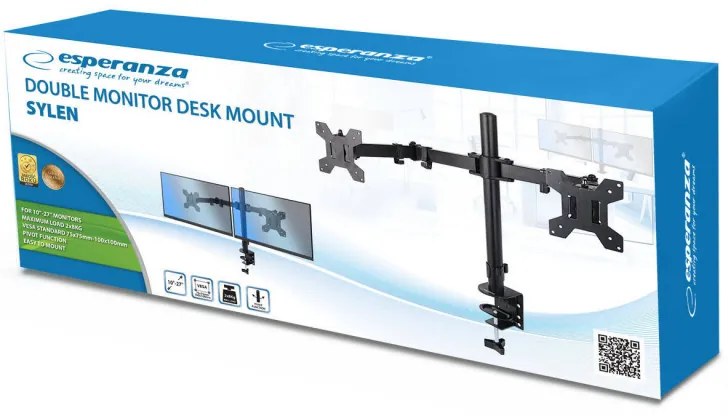 Разопакован: Стойка за монитор Esperanza ERW018, За 2 монитора, 10"-27", VESA 75/100 mm, До 8 кг на рамо, Черен