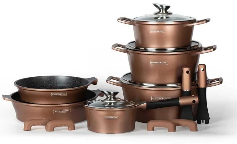 Комплект тенджери и тигани Royalty Line RL-ES1014M Copper, Лят алуминий, 14 части, Мраморно покритие, Меден