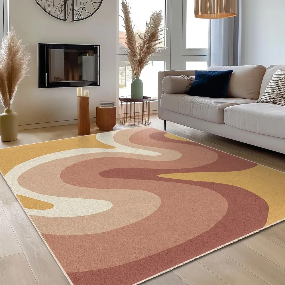 Килим подходящ за пране в цвят жълта охра и сиво-розов 80x150 cm Strawberry Creamsicle – Mila Home