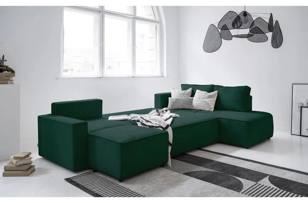 Тъмнозелен разтегателен ъглов диван от рипсено кадифе (десен ъгъл/"U" форма) Brave Dave – Miuform