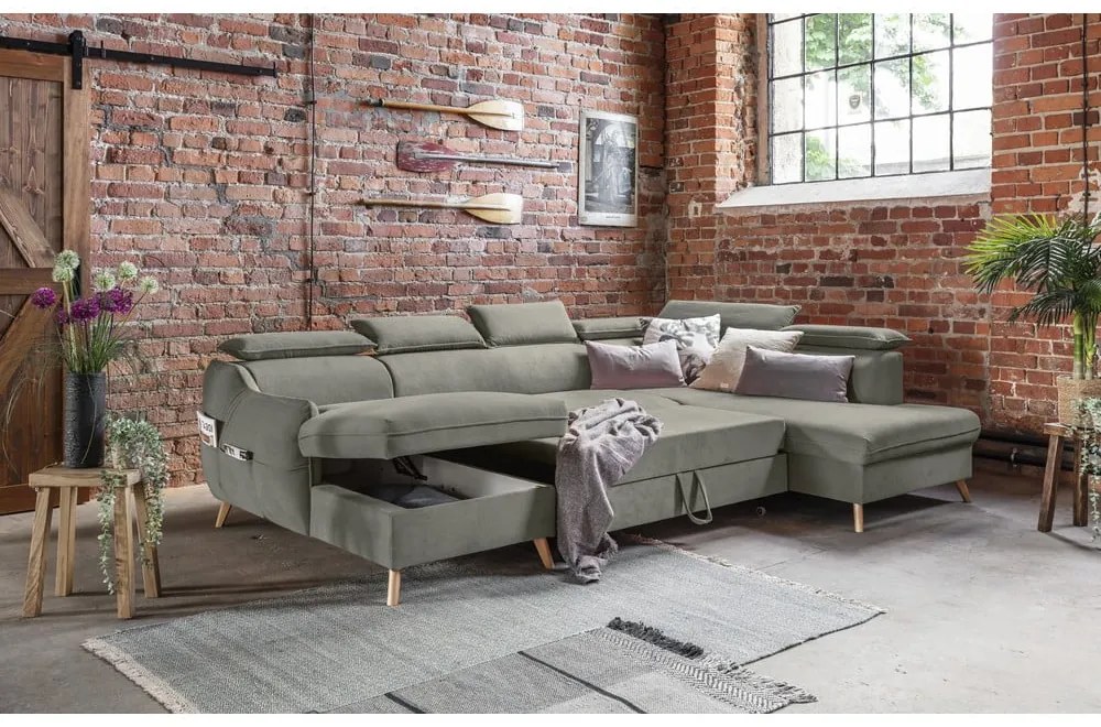 Светлосив кадифен U-образен ъглов диван (десен ъгъл) Sweet Harmony - Miuform