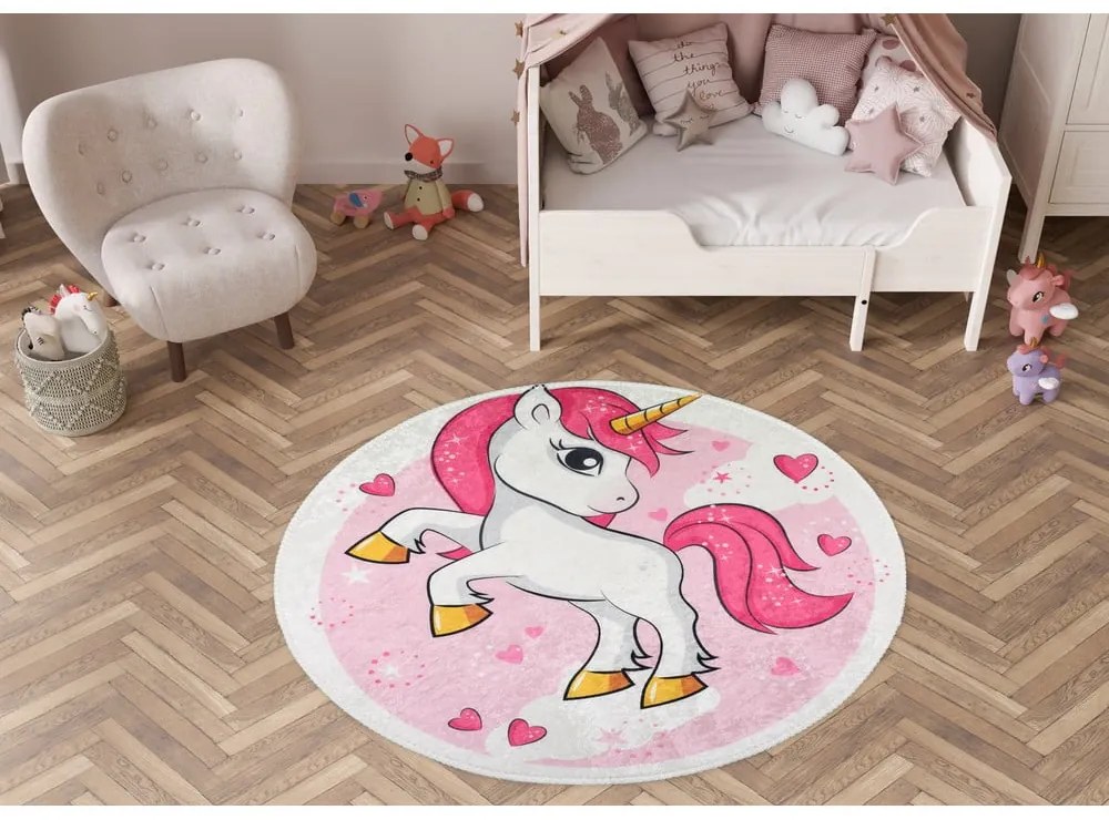Розов детски килим подходящ за пране ø100 cm Pink Unicorn – Vitaus