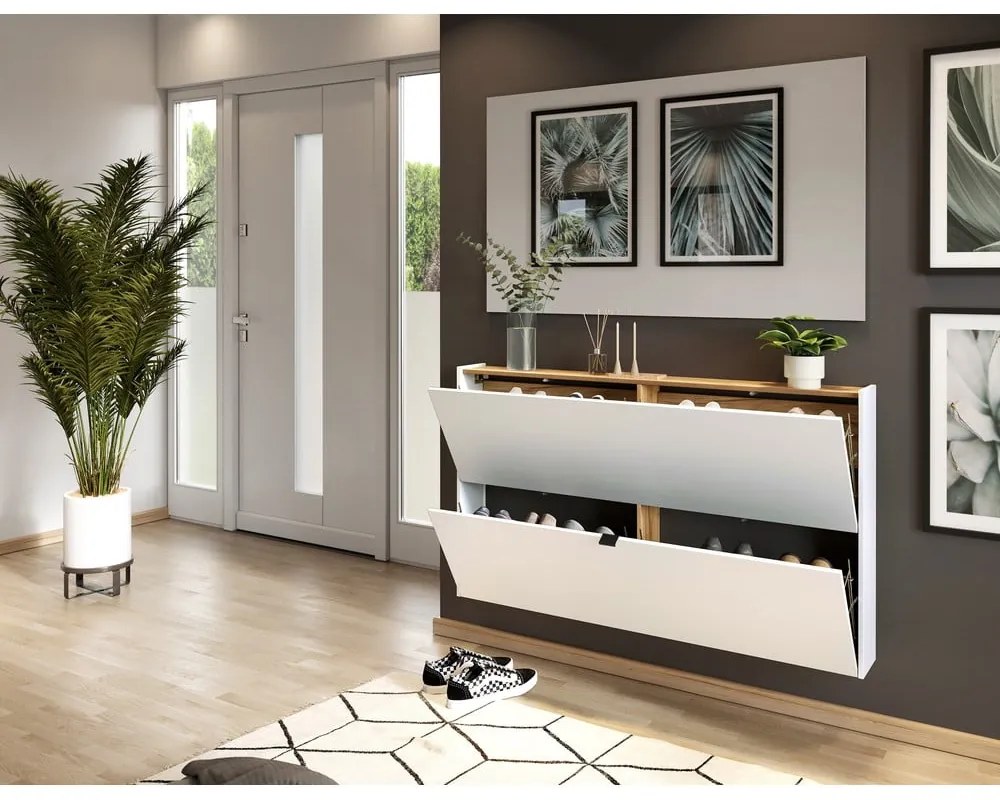 Бяла накланяща се висяща стойка за обувки от декор от дъб 140x83x18 cm Ameca – Germania