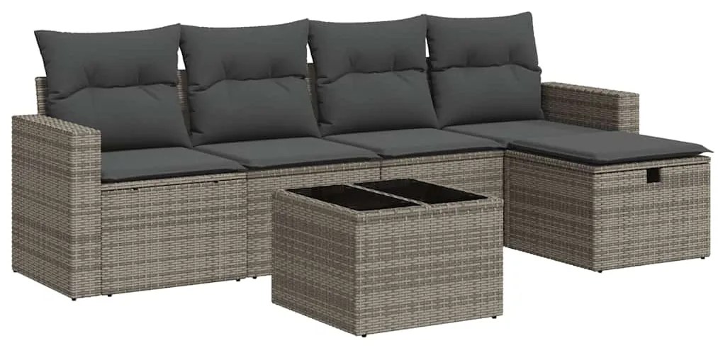 3325376 vidaXL Градински диван с възглавници, 6 части, полиратан, сив