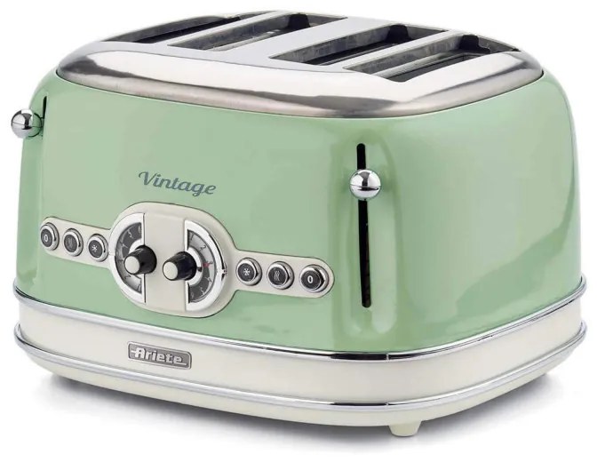 Тостер за хляб Ariete VINTAGE 0156/04, 1600W, 4 филии, 3 функции, 6 степени, Подвижна тава за трохи, Зелен