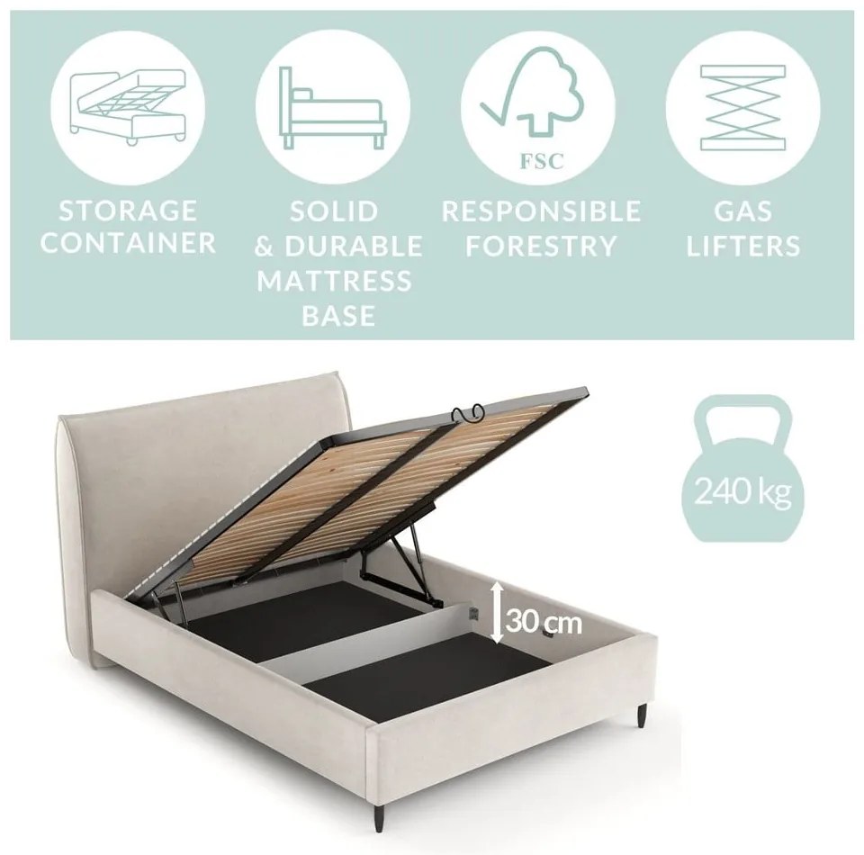 Кремаво тапицирано двойно легло с място за съхранение с включена подматрачна рамка 140x200 cm Shell – Maison de Rêve