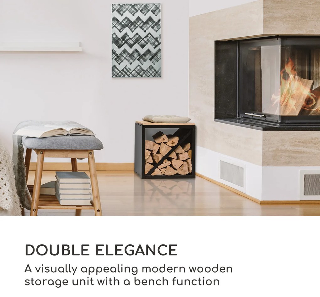 Blumfeldt Kindlewood S Black, стойка за дърво, пейка, 57 × 56 × 36 см, бамбук, цинк