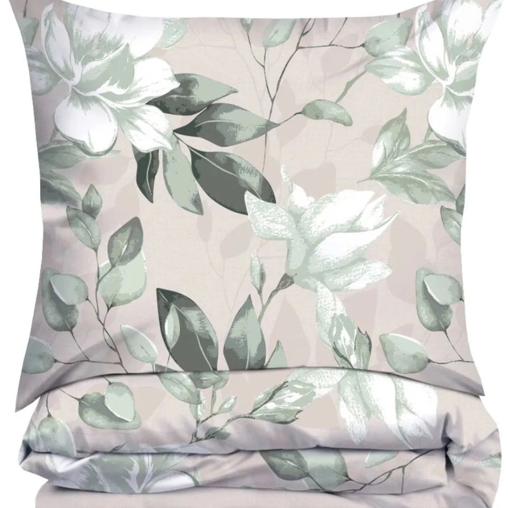 Премиум памучно спално бельо - бежово със зелени цветя Ширина: 220 см | Дължина: 200 см