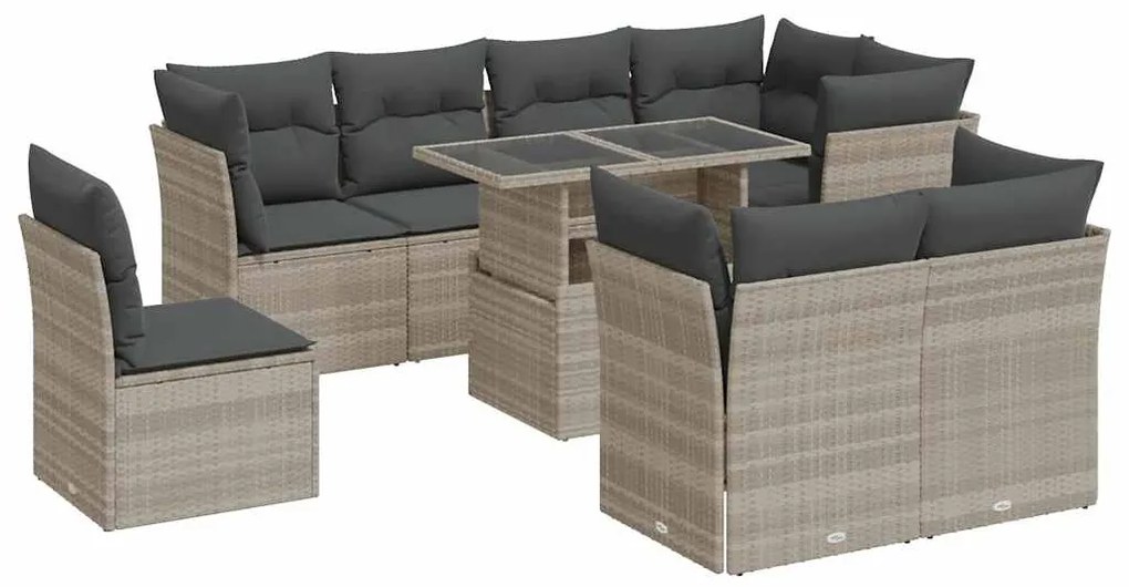 3326183 vidaXL Градински комплект с възглавници, 9 части, светлосив полиратан