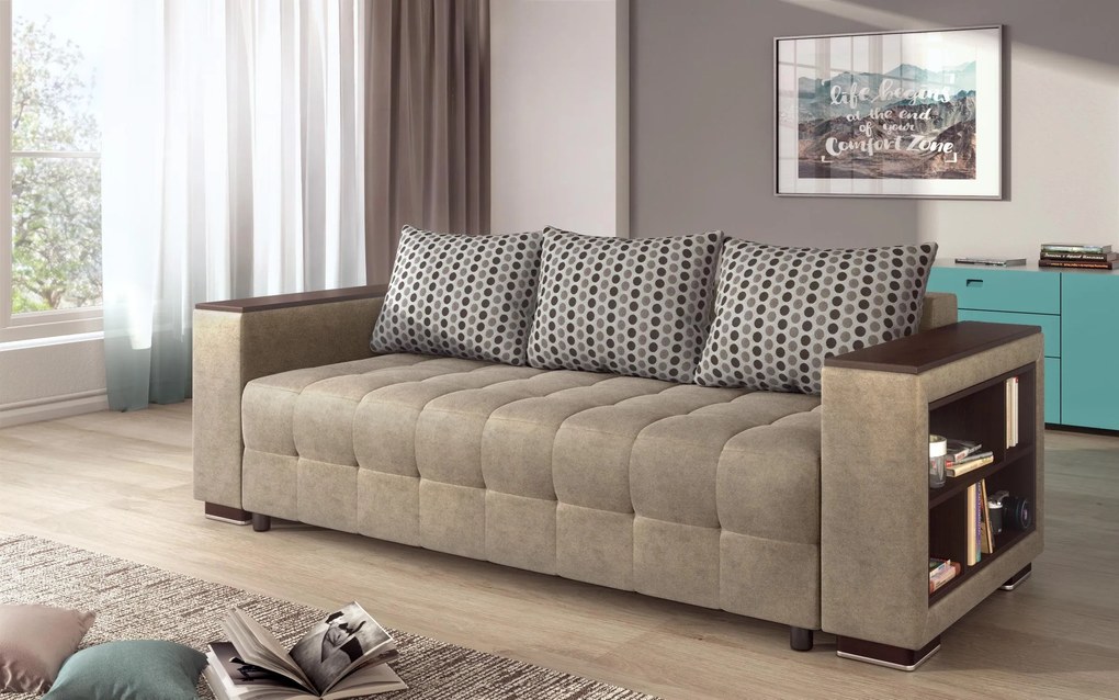 Разтегателно канапе с подлакътник етажерка Мелвин