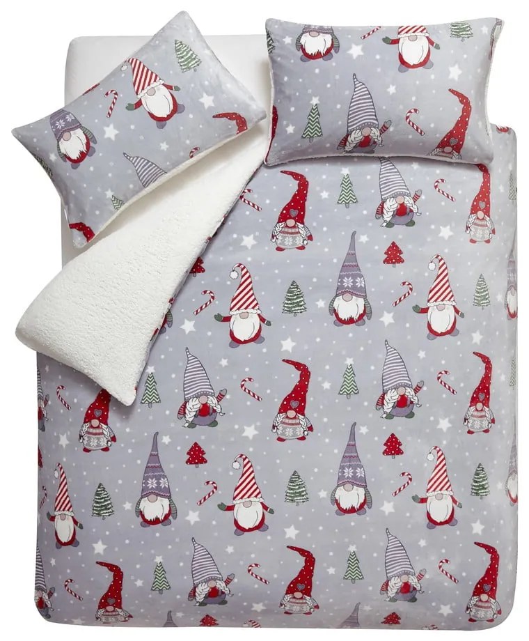 Сиво двойно удължено спално бельо от микроплюш 230x220 cm Festive Gnomes – Catherine Lansfield