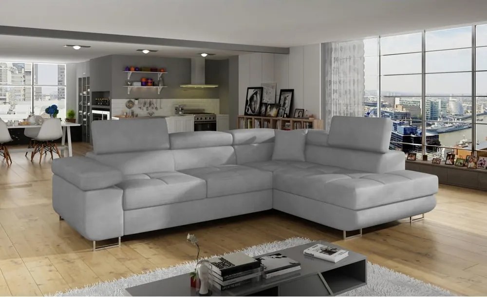 Светлосив кадифен разтегателен ъглов диван с място за съхранение (десен ъгъл L форма) Anton – ELTAP