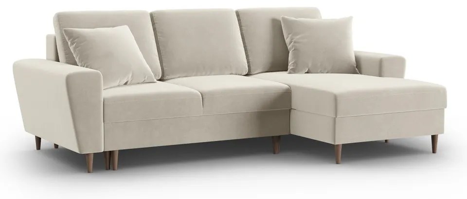 Бежов кадифен разтегателен ъглов диван с място за съхранение (десен ъгъл) Kyoto – Cosmopolitan Design