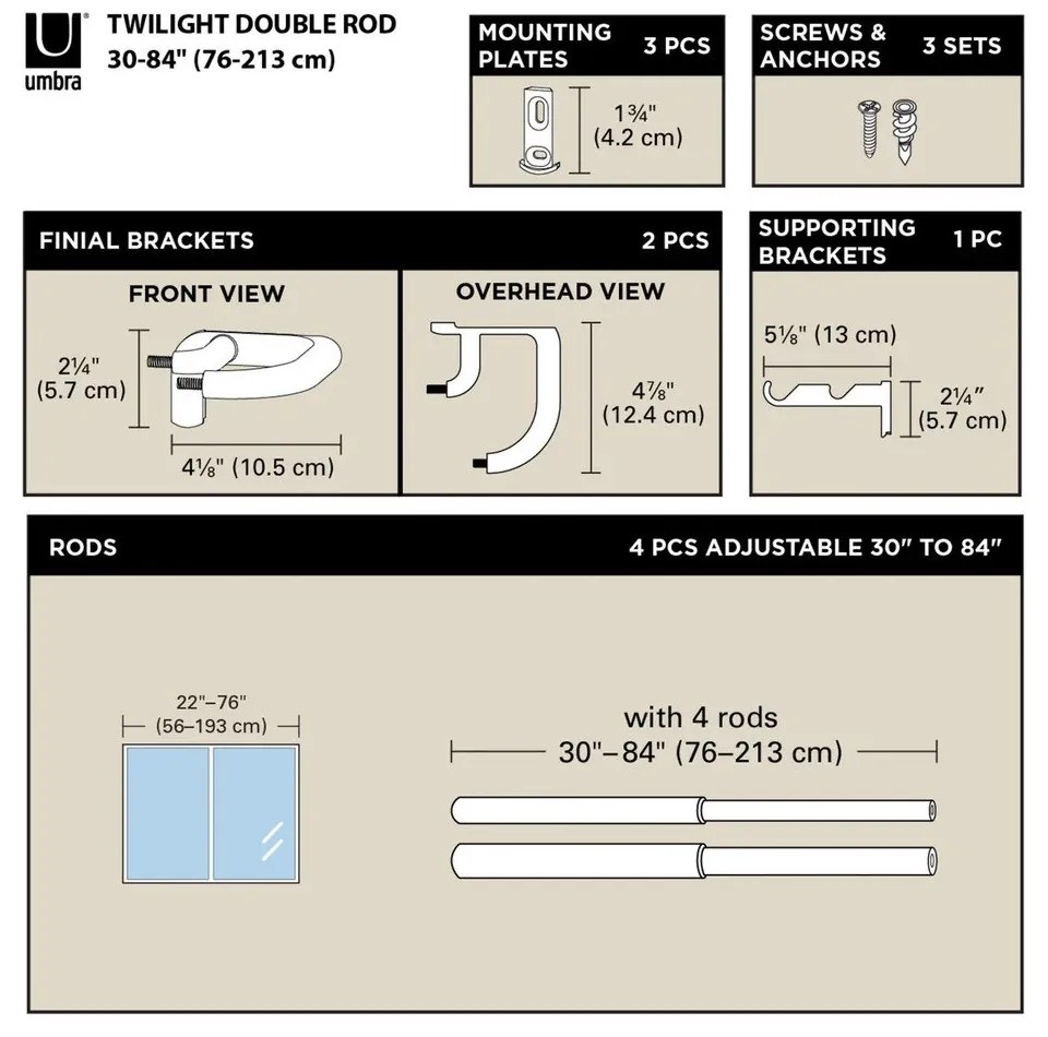 Стоманен разтегателен двоен корниз 167 - 365 cm Twilight - Umbra