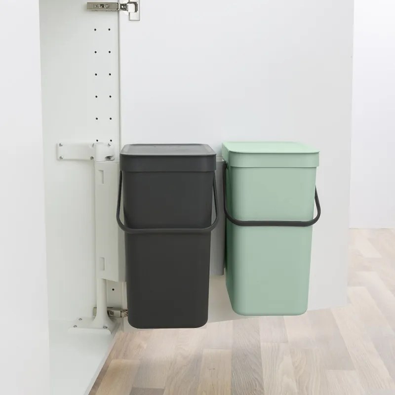 Кош за разделно събиране на боклук Brabantia Sort&Go 1005513, 2x12 л, Монтаж върху врата на кухненски шкаф, Сив/зелен
