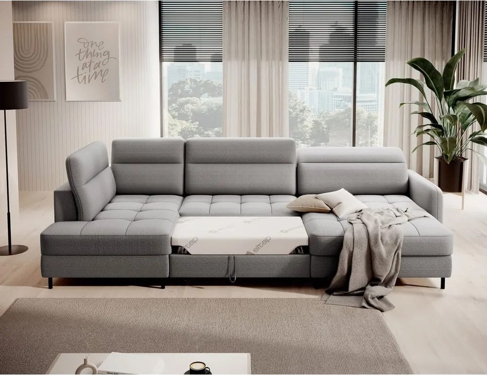 Светлосив кадифен разтегателен ъглов диван с място за съхранение (ляв ъгъл U форма) Berrto – ELTAP