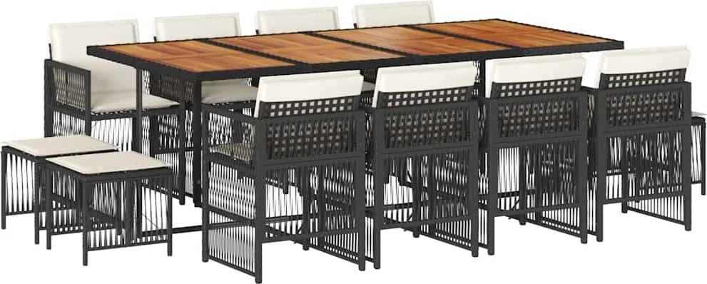 3210987 vidaXL Външен трапезен комплект 13 части с възглавници черен полиратан