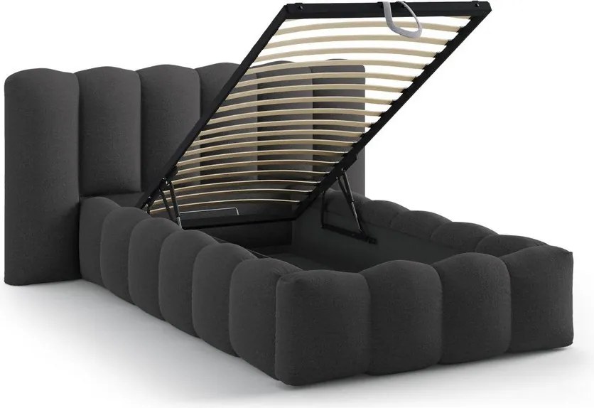 Антрацитно единично легло 90x200 cm тапицирано с място за съхранение с включена подматрачна рамка Lupine – Micadoni