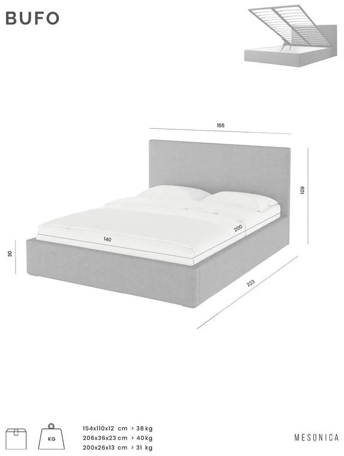 Бежово тапицирано двойно легло с място за съхранение с решетка 160x200 cm Bufo - MESONICA
