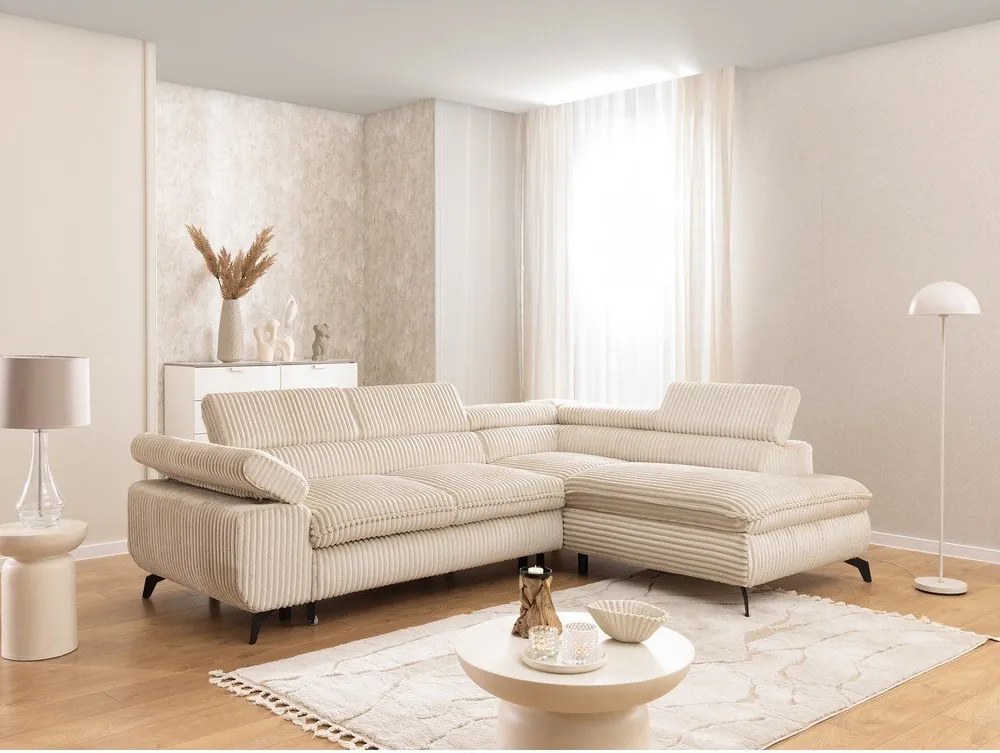 Бежов ъглов диван от рипсено кадифе (десен ъгъл L форма) Marbeya – Ropez