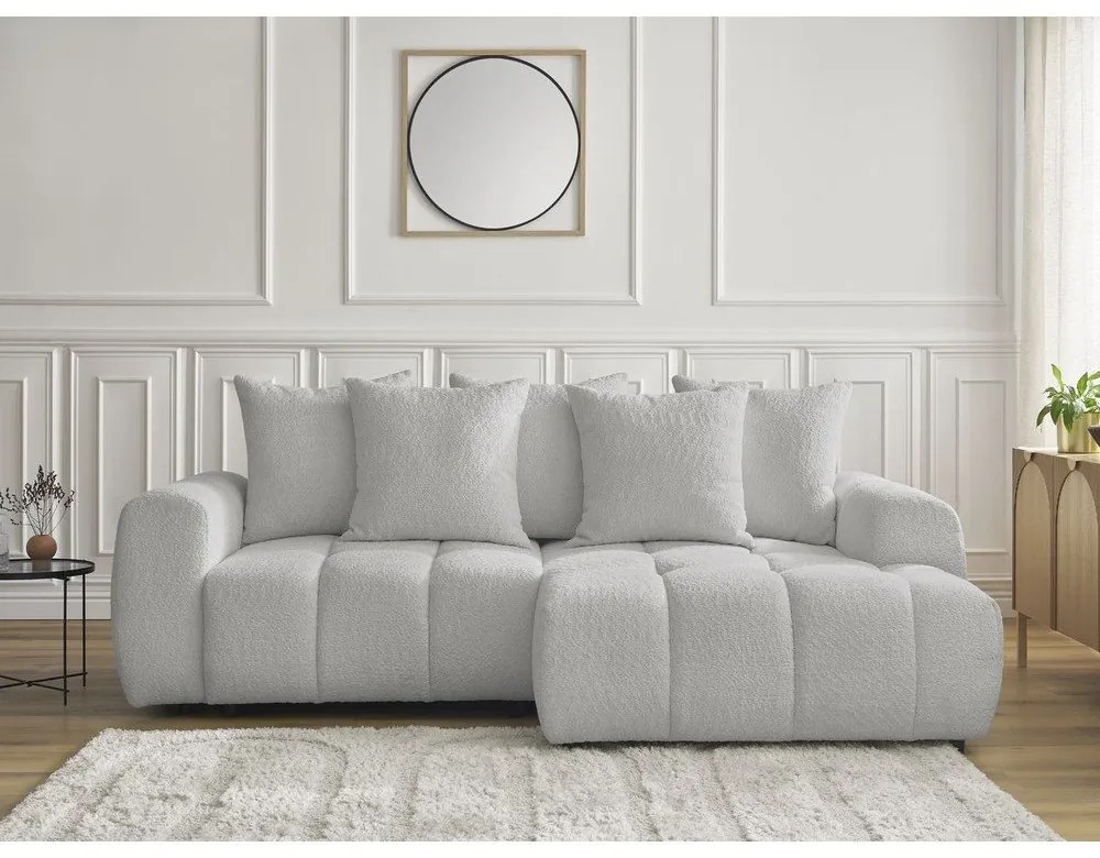 Светлосив разтегателен ъглов диван с място за съхранение от букле (десен ъгъл) Roxelane – Bobochic Paris