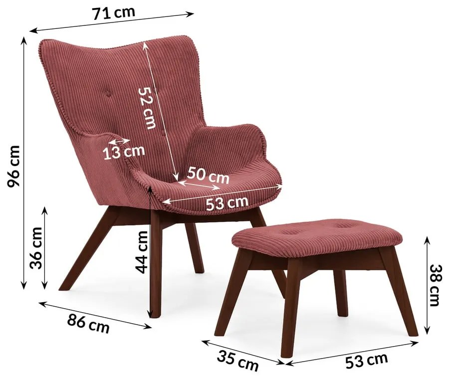 Червен фотьойл с табуретка от рипсено кадифе Niko – Ropez