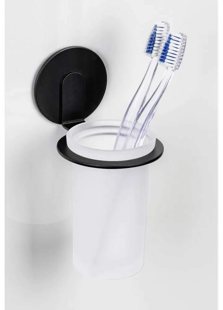 Матово черна самозалепваща стъклена чаша за четки за зъби Bivio – Wenko