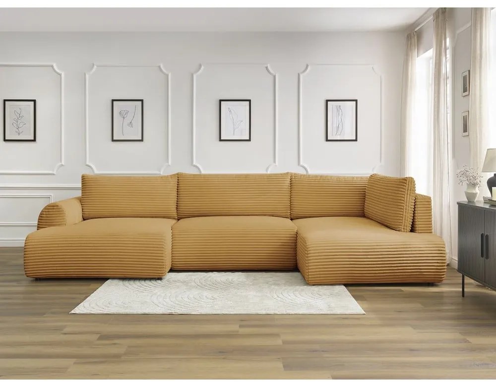 Разтегателен ъглов диван от рипсено кадифе в цвят горчица (ляв ъгъл/"U" форма) Lucien – Bobochic Paris