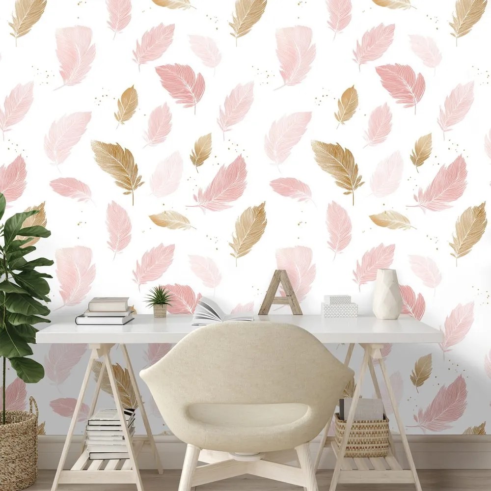 Самозалепващ тапет – Розово-златни нежни пера