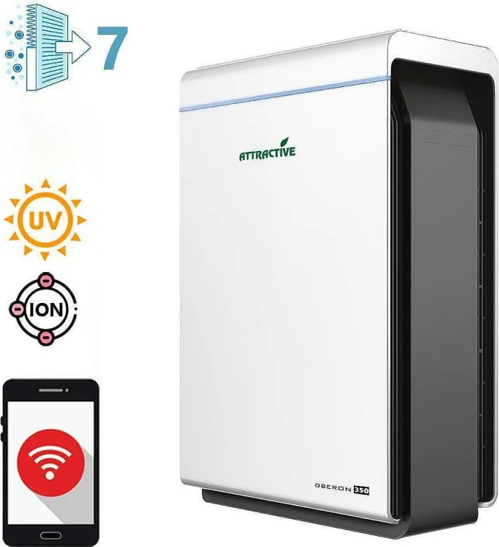 Пречиствател за въздух Attractive Oberon 350, 85W, За до 65 м2, 350 м3/ч, 3 скорости, WiFi, Йонизация, Интелигентни сензори, Дистанционно, Тъчскрийн, Бял/черен