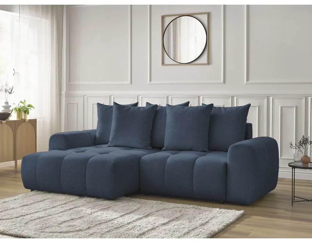 Син шенилов разтегателен ъглов диван с място за съхранение (ляв ъгъл) Roxelane – Bobochic Paris